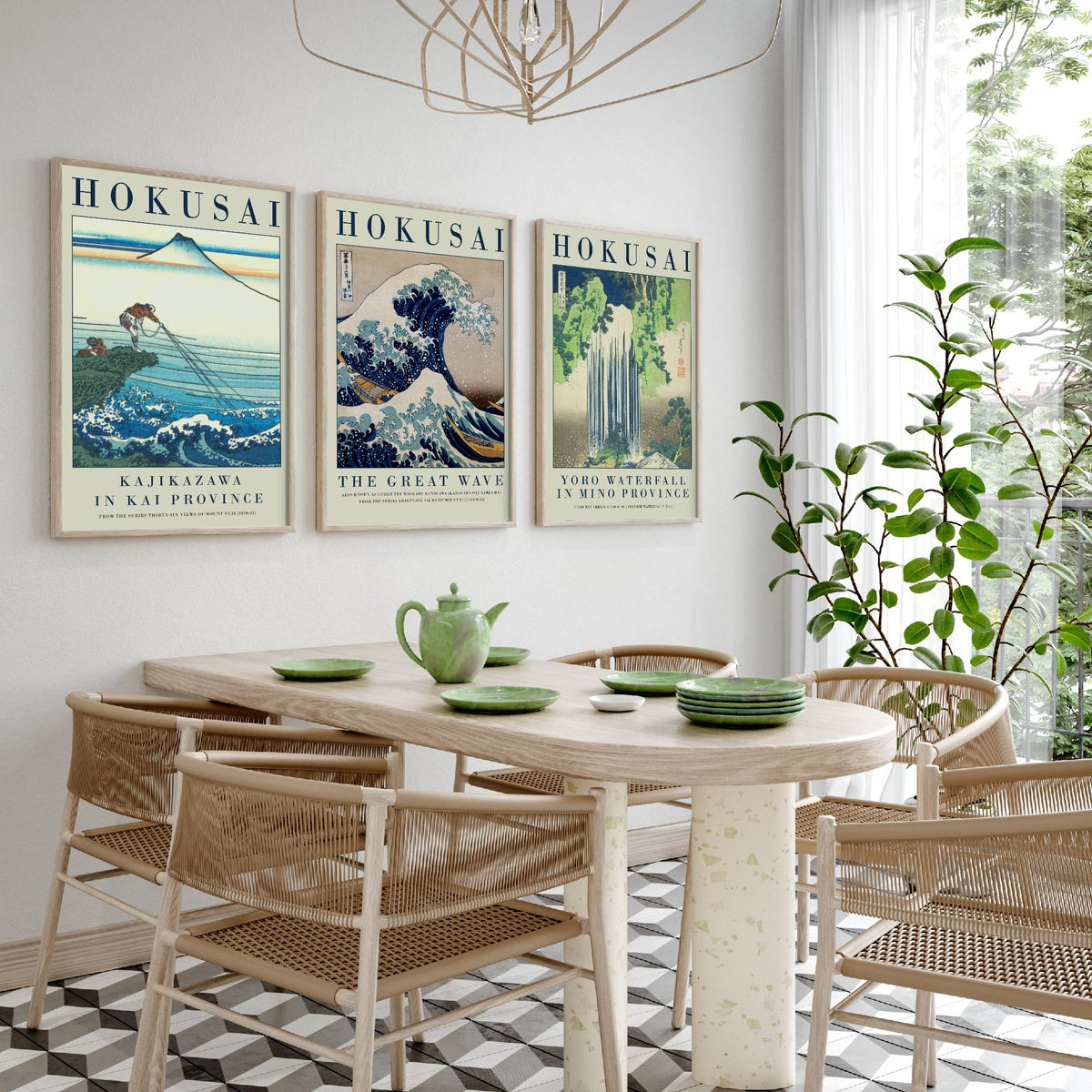 Katsushika Hokusai Fierce Waves Collection Set of Three Art Prints - Kajikazawa, The Great Wave, Yoro Waterfall - Japanese Woodcut Poster