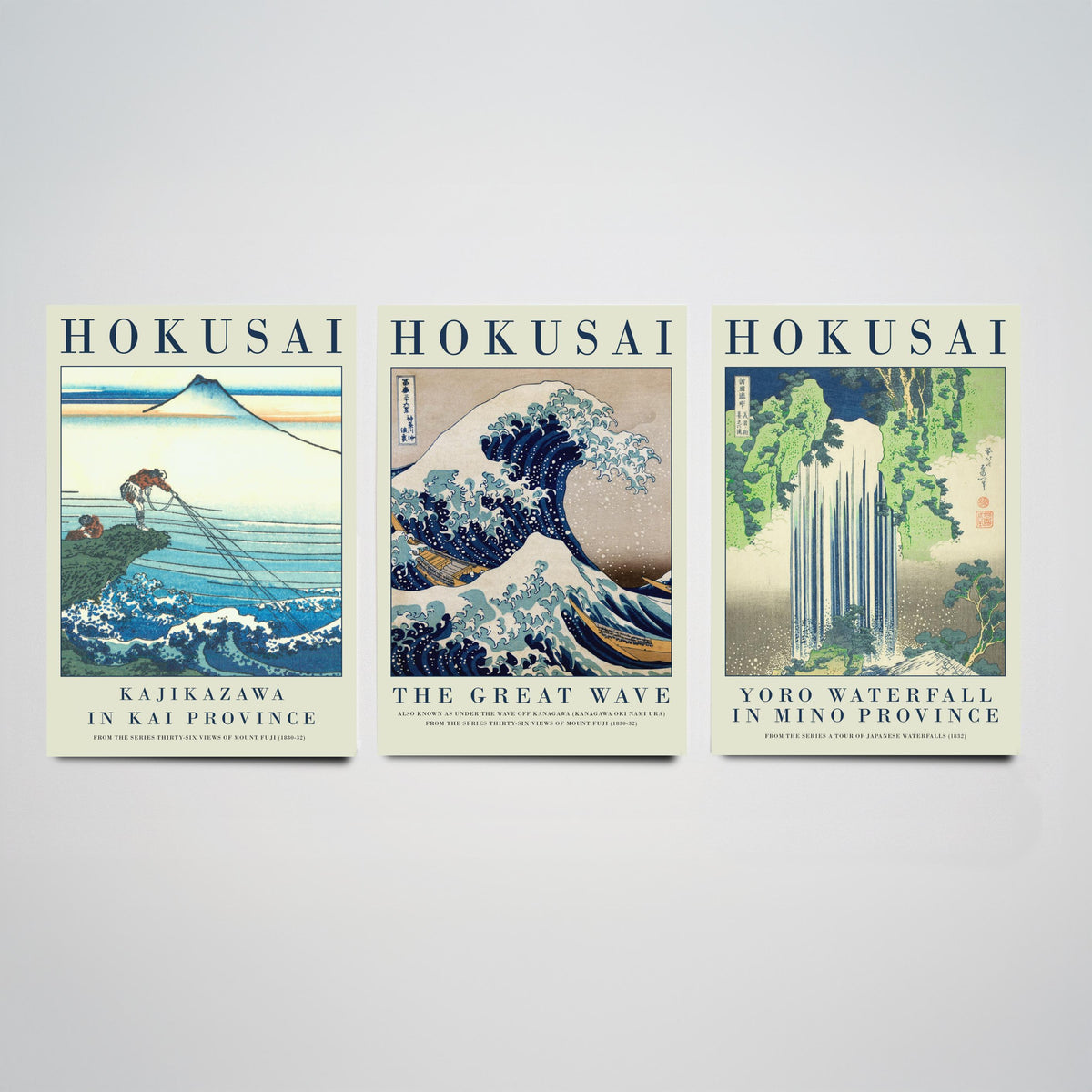 Katsushika Hokusai Fierce Waves Collection Set of Three Art Prints - Kajikazawa, The Great Wave, Yoro Waterfall - Japanese Woodcut Poster