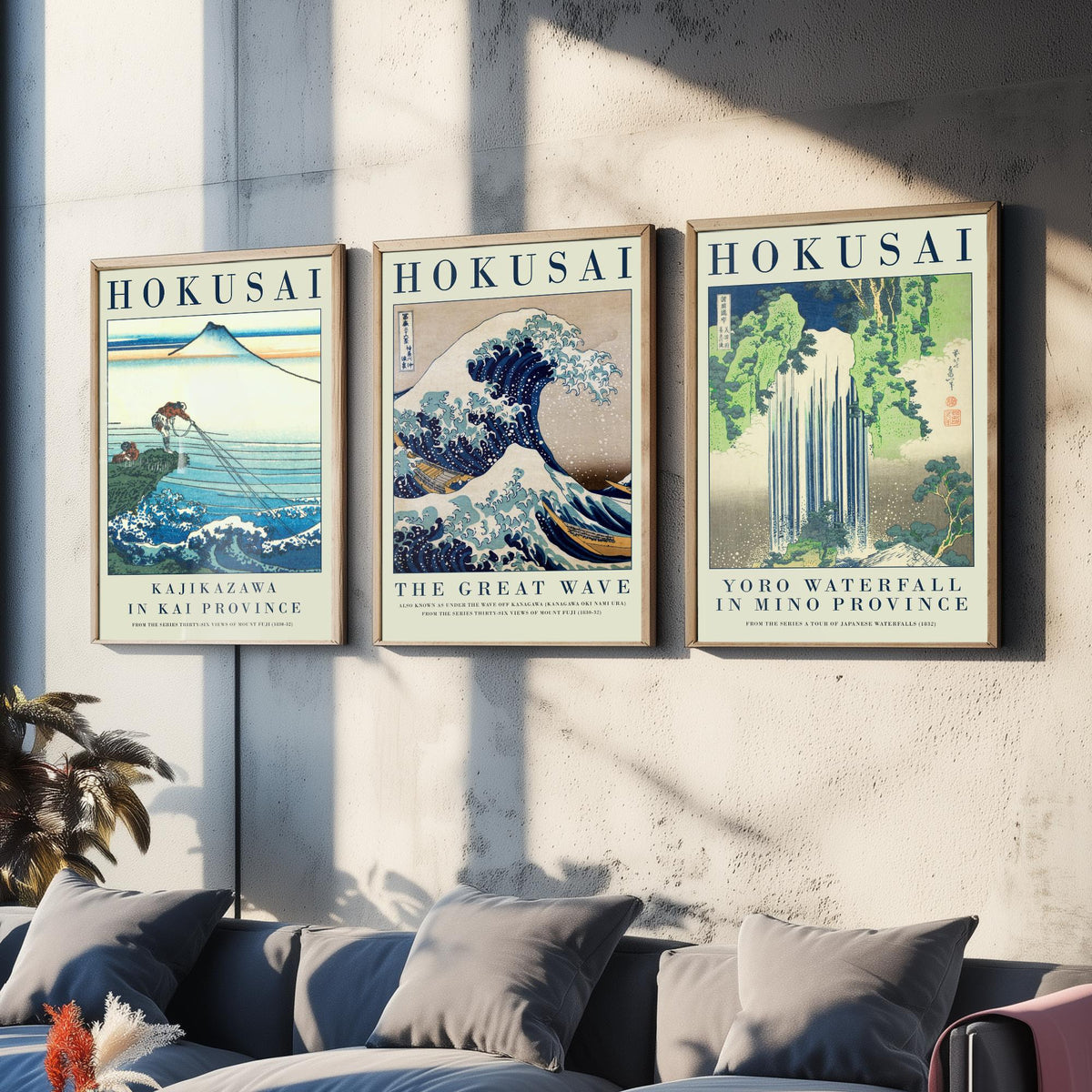 Katsushika Hokusai Fierce Waves Collection Set of Three Art Prints - Kajikazawa, The Great Wave, Yoro Waterfall - Japanese Woodcut Poster