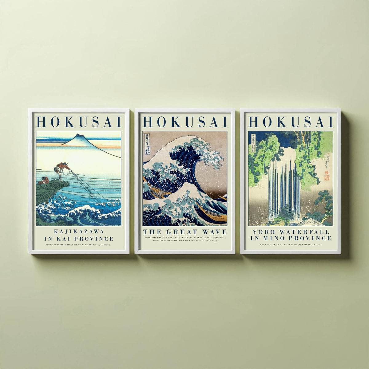 Katsushika Hokusai Fierce Waves Collection Set of Three Art Prints - Kajikazawa, The Great Wave, Yoro Waterfall - Japanese Woodcut Poster