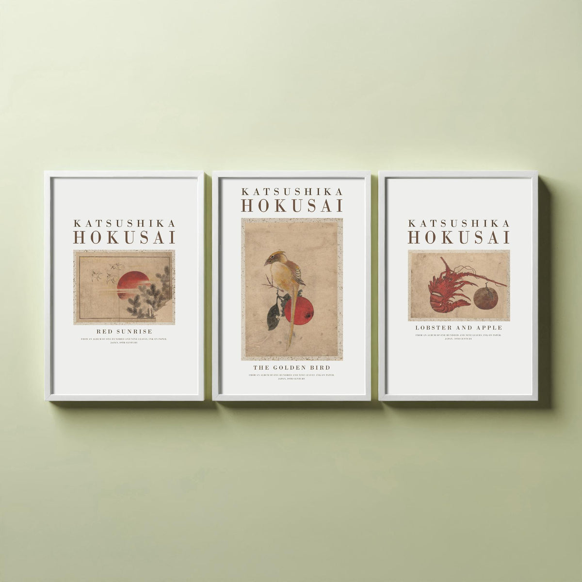 Katsushika Hokusai Golden Bird Set of Three Art Prints - Red Sunrise, The Golden Bird, Lobster and Apple - Japanese Ink Drawing Poster