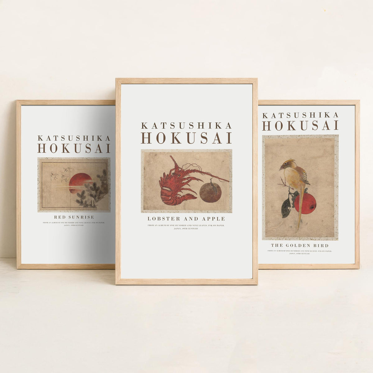 Katsushika Hokusai Golden Bird Set of Three Art Prints - Red Sunrise, The Golden Bird, Lobster and Apple - Japanese Ink Drawing Poster