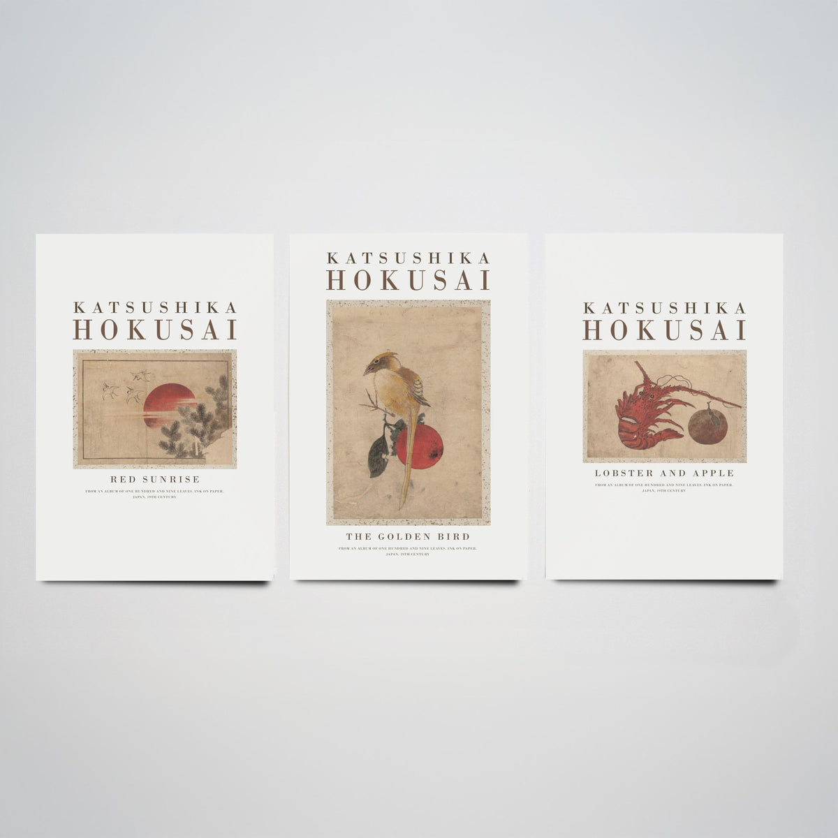 Katsushika Hokusai Golden Bird Set of Three Art Prints - Red Sunrise, The Golden Bird, Lobster and Apple - Japanese Ink Drawing Poster