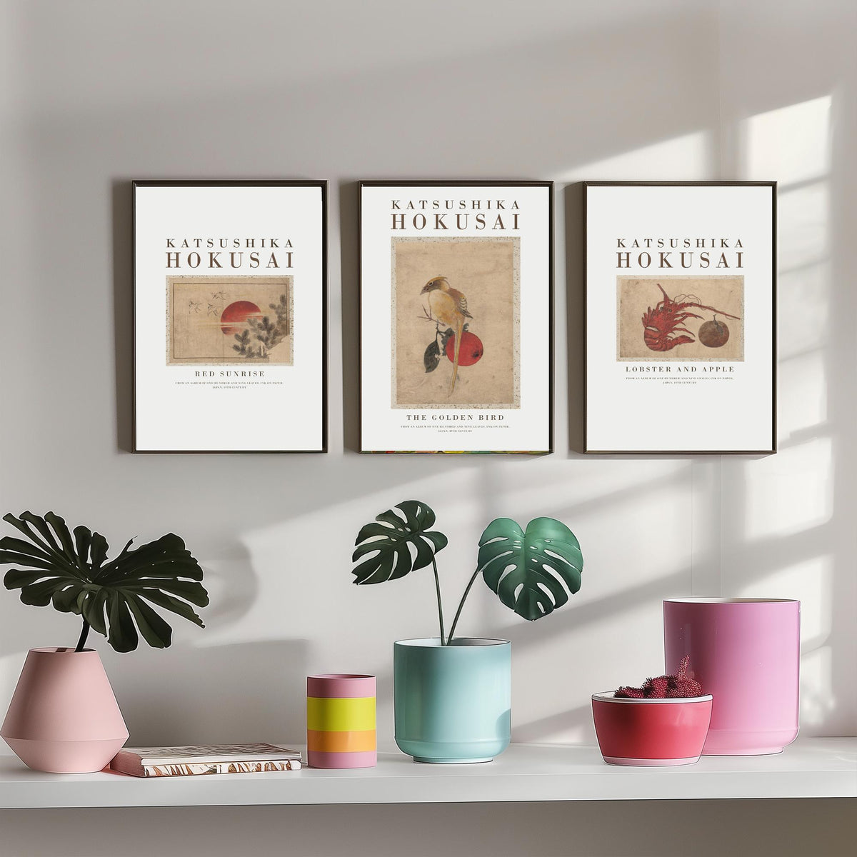 Katsushika Hokusai Golden Bird Set of Three Art Prints - Red Sunrise, The Golden Bird, Lobster and Apple - Japanese Ink Drawing Poster