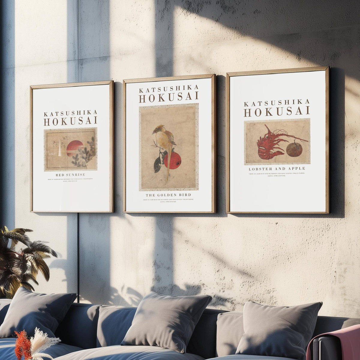 Katsushika Hokusai Golden Bird Set of Three Art Prints - Red Sunrise, The Golden Bird, Lobster and Apple - Japanese Ink Drawing Poster