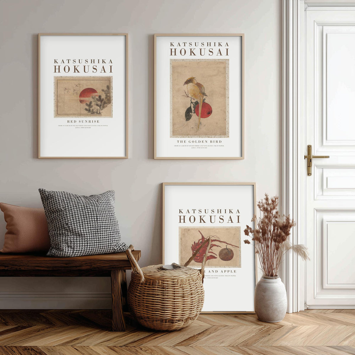 Katsushika Hokusai Golden Bird Set of Three Art Prints - Red Sunrise, The Golden Bird, Lobster and Apple - Japanese Ink Drawing Poster