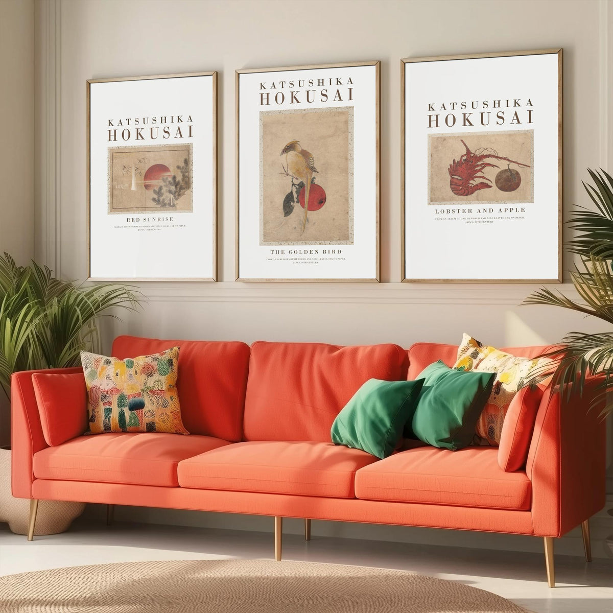 Katsushika Hokusai Golden Bird Set of Three Art Prints - Red Sunrise, The Golden Bird, Lobster and Apple - Japanese Ink Drawing Poster