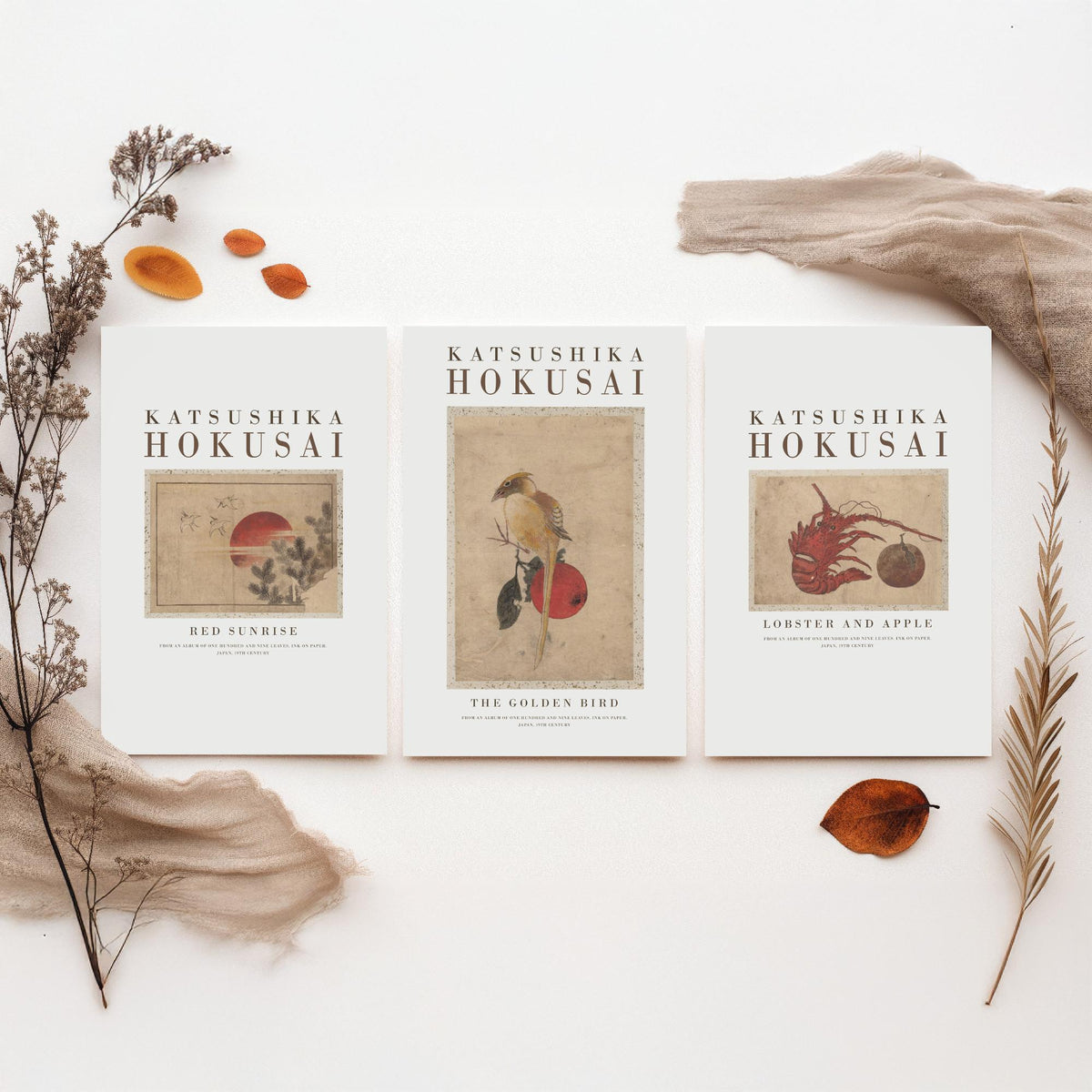 Katsushika Hokusai Golden Bird Set of Three Art Prints - Red Sunrise, The Golden Bird, Lobster and Apple - Japanese Ink Drawing Poster
