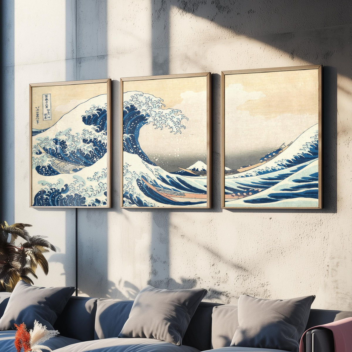 Set of Three Hokusai Great Wave Prints - The Great Wave off Kanagawa Panorama - 3 Japanese Woodblock Painting Posters Wall Art Gift V3