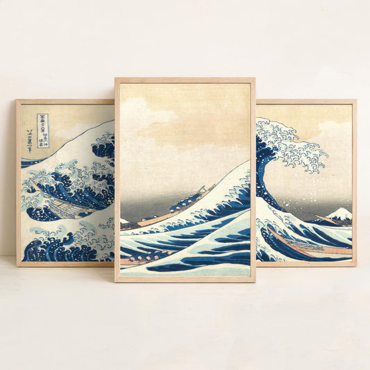 Set of Three Hokusai Great Wave Prints - The Great Wave off Kanagawa Panorama - 3 Japanese Woodblock Painting Posters Wall Art Gift V3