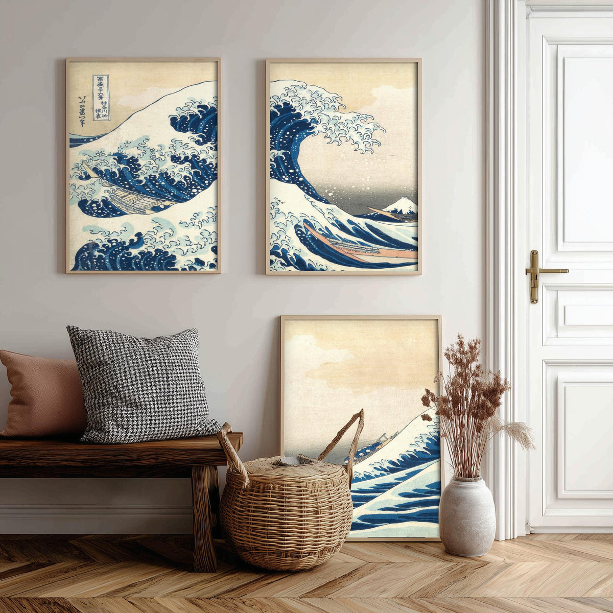 Set of Three Hokusai Great Wave Prints - The Great Wave off Kanagawa Panorama - 3 Japanese Woodblock Painting Posters Wall Art Gift V3