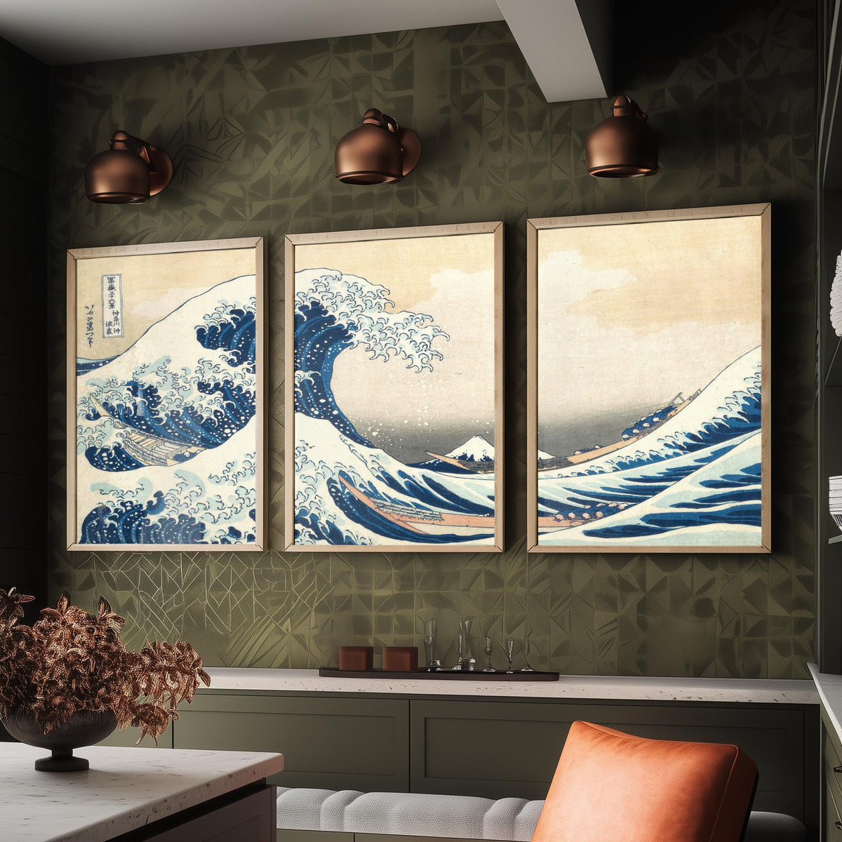 Set of Three Hokusai Great Wave Prints - The Great Wave off Kanagawa Panorama - 3 Japanese Woodblock Painting Posters Wall Art Gift V3