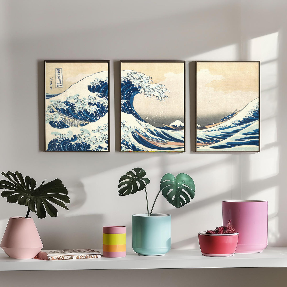 Set of Three Hokusai Great Wave Prints - The Great Wave off Kanagawa Panorama - 3 Japanese Woodblock Painting Posters Wall Art Gift V3