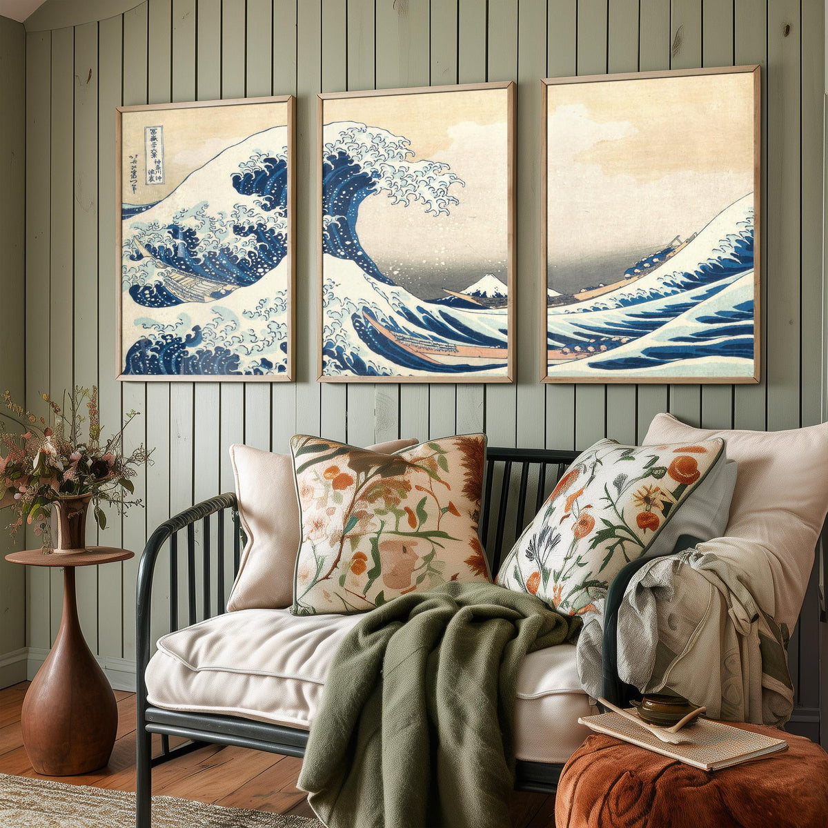 Set of Three Hokusai Great Wave Prints - The Great Wave off Kanagawa Panorama - 3 Japanese Woodblock Painting Posters Wall Art Gift V3