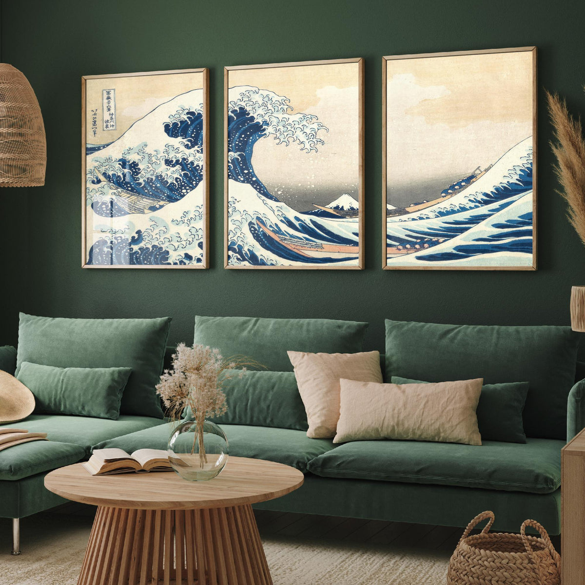Set of Three Hokusai Great Wave Prints - The Great Wave off Kanagawa Panorama - 3 Japanese Woodblock Painting Posters Wall Art Gift V3