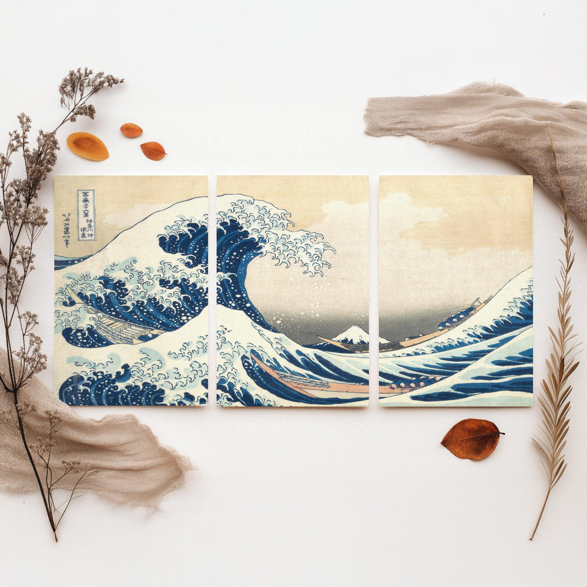 Set of Three Hokusai Great Wave Prints - The Great Wave off Kanagawa Panorama - 3 Japanese Woodblock Painting Posters Wall Art Gift V3