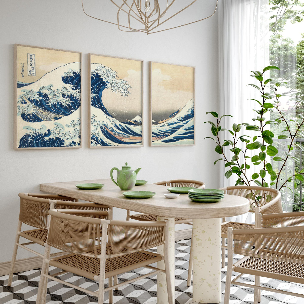 Set of Three Hokusai Great Wave Prints - The Great Wave off Kanagawa Panorama - 3 Japanese Woodblock Painting Posters Wall Art Gift V3
