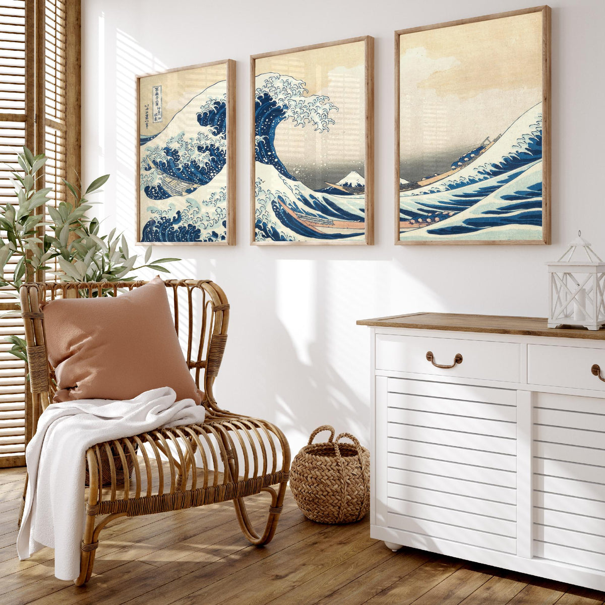 Set of Three Hokusai Great Wave Prints - The Great Wave off Kanagawa Panorama - 3 Japanese Woodblock Painting Posters Wall Art Gift V3