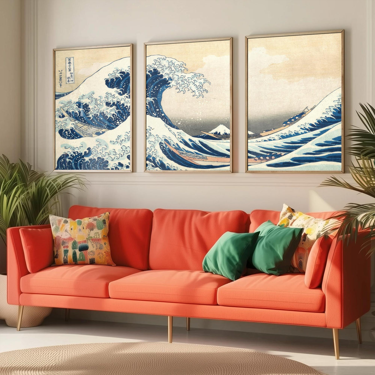Set of Three Hokusai Great Wave Prints - The Great Wave off Kanagawa Panorama - 3 Japanese Woodblock Painting Posters Wall Art Gift V3