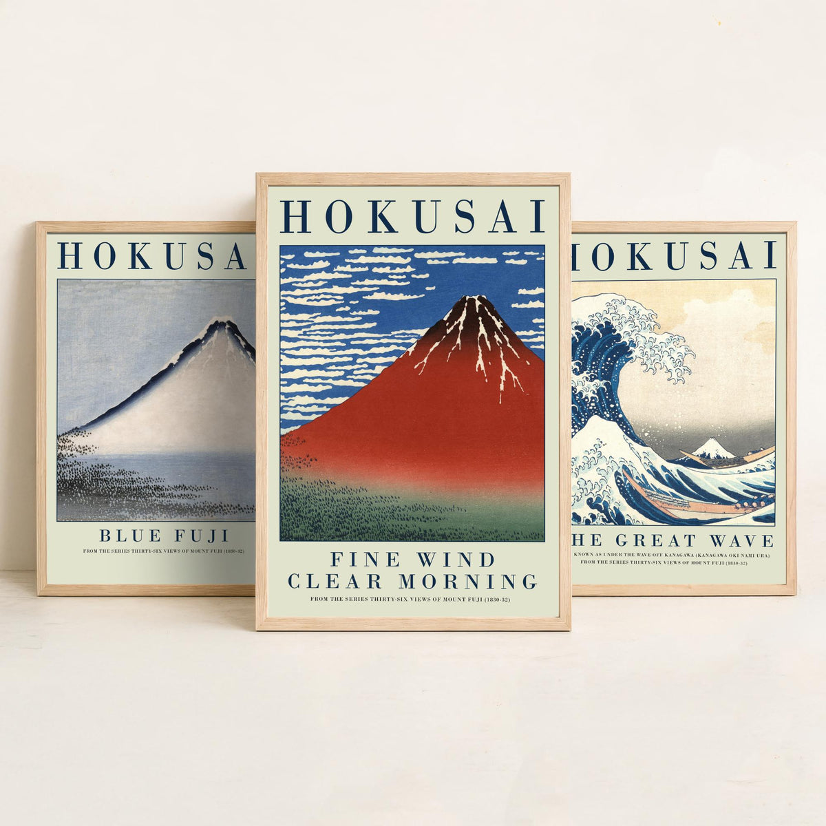 Katsushika Hokusai Mount Fuji Collection Set of Three Art Prints - Blue Fuji, The Great Wave, Red Fuji - Japanese Woodcut Poster