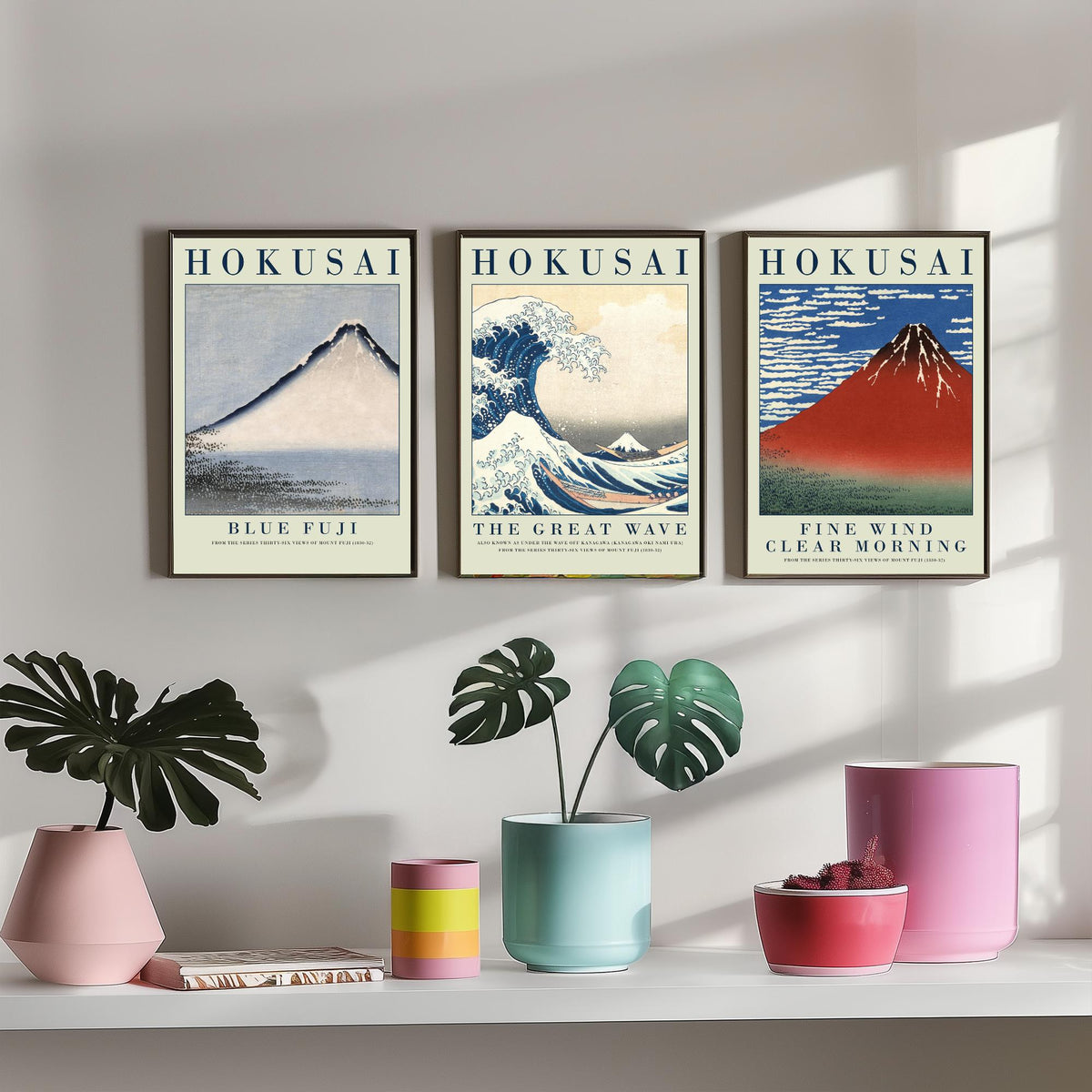 Katsushika Hokusai Mount Fuji Collection Set of Three Art Prints - Blue Fuji, The Great Wave, Red Fuji - Japanese Woodcut Poster