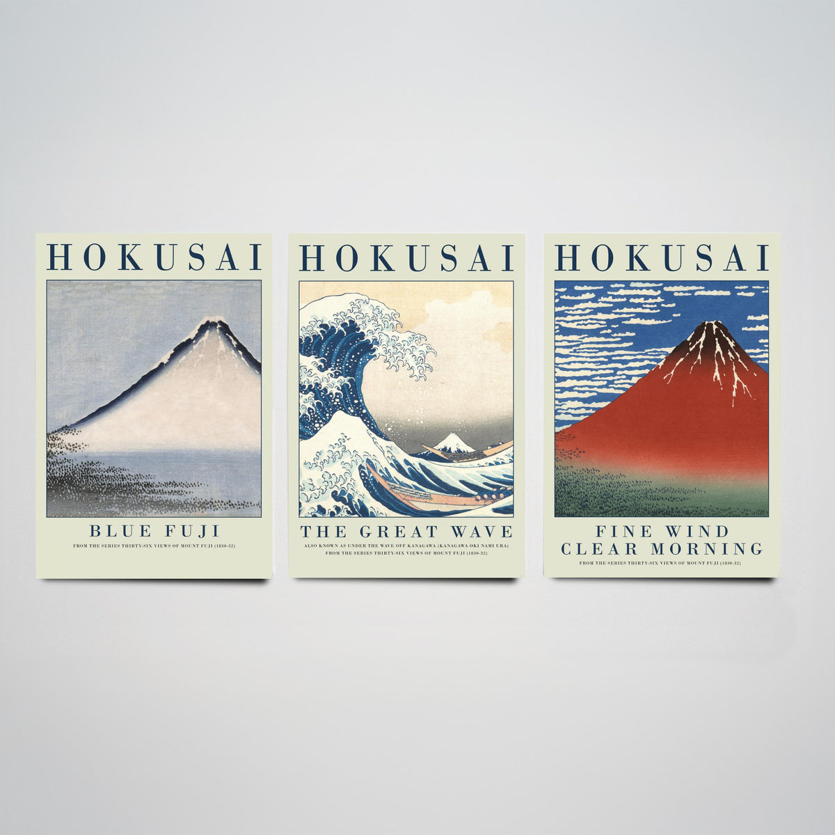 Katsushika Hokusai Mount Fuji Collection Set of Three Art Prints - Blue Fuji, The Great Wave, Red Fuji - Japanese Woodcut Poster