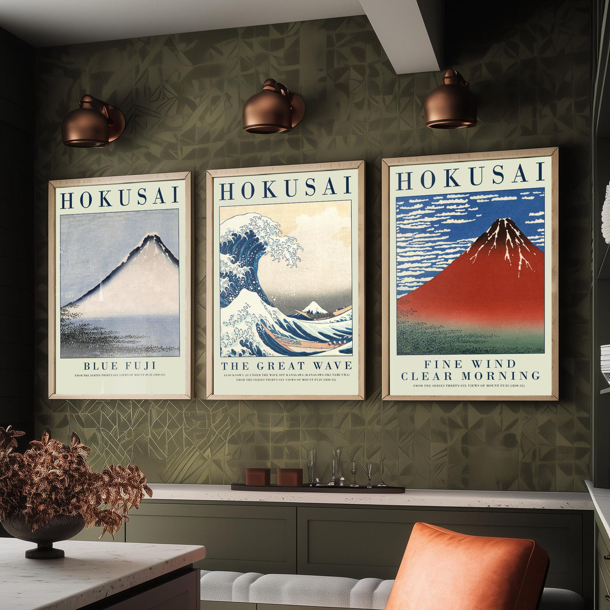 Katsushika Hokusai Mount Fuji Collection Set of Three Art Prints - Blue Fuji, The Great Wave, Red Fuji - Japanese Woodcut Poster