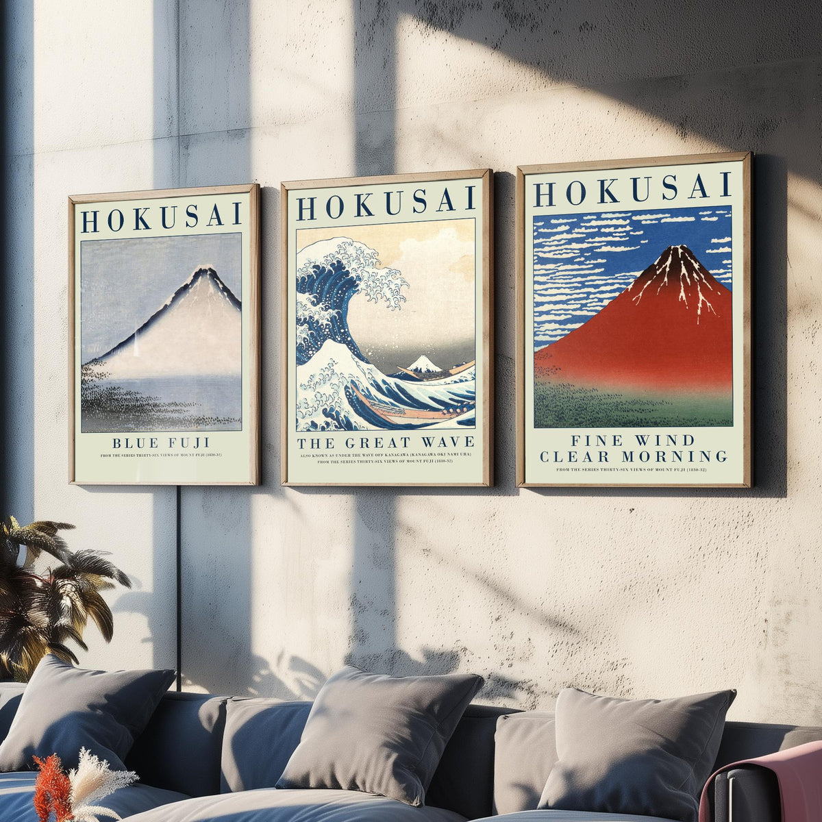 Katsushika Hokusai Mount Fuji Collection Set of Three Art Prints - Blue Fuji, The Great Wave, Red Fuji - Japanese Woodcut Poster