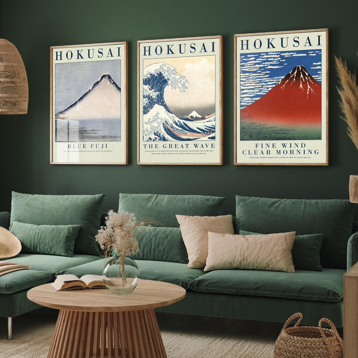 Katsushika Hokusai Mount Fuji Collection Set of Three Art Prints - Blue Fuji, The Great Wave, Red Fuji - Japanese Woodcut Poster