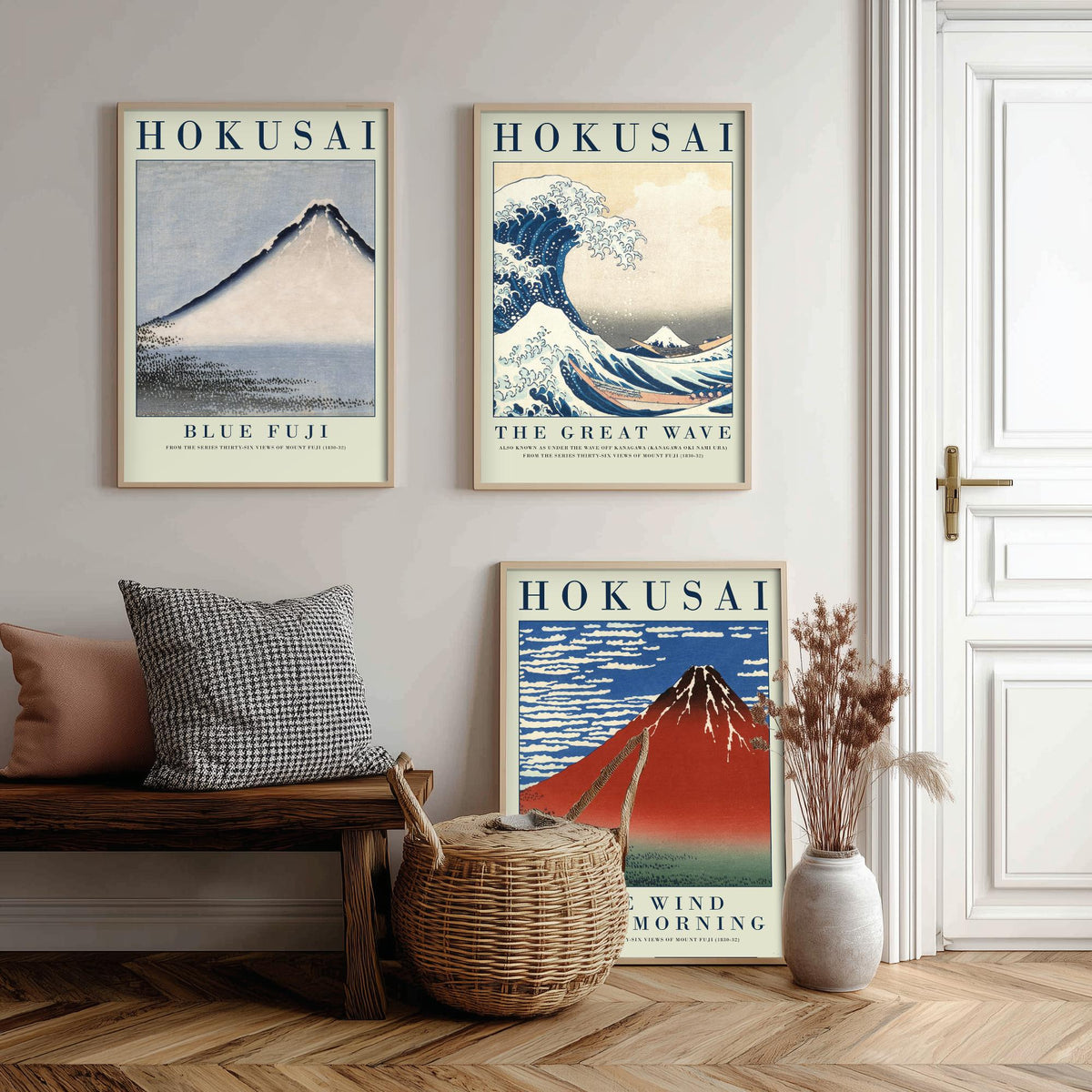 Katsushika Hokusai Mount Fuji Collection Set of Three Art Prints - Blue Fuji, The Great Wave, Red Fuji - Japanese Woodcut Poster