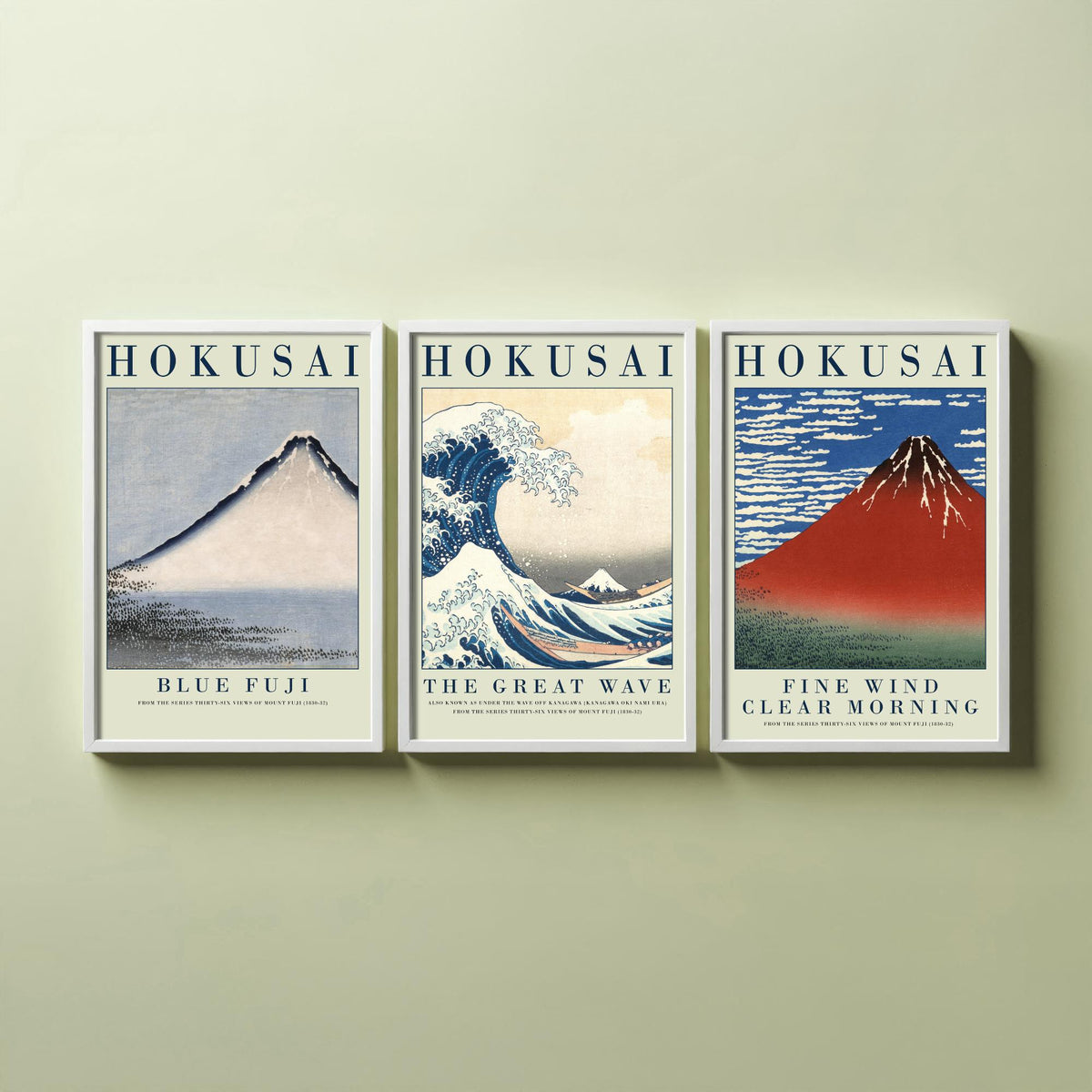 Katsushika Hokusai Mount Fuji Collection Set of Three Art Prints - Blue Fuji, The Great Wave, Red Fuji - Japanese Woodcut Poster