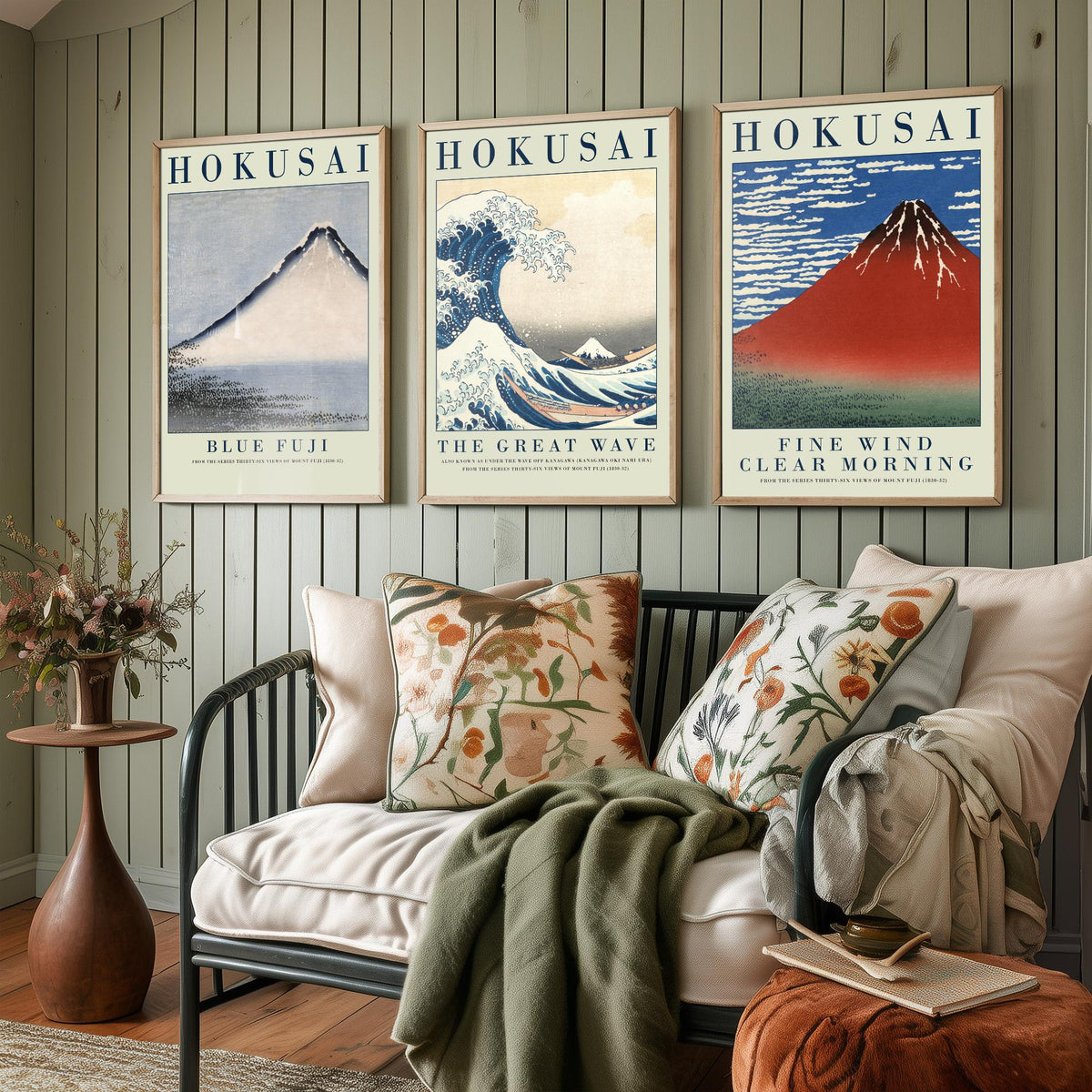 Katsushika Hokusai Mount Fuji Collection Set of Three Art Prints - Blue Fuji, The Great Wave, Red Fuji - Japanese Woodcut Poster