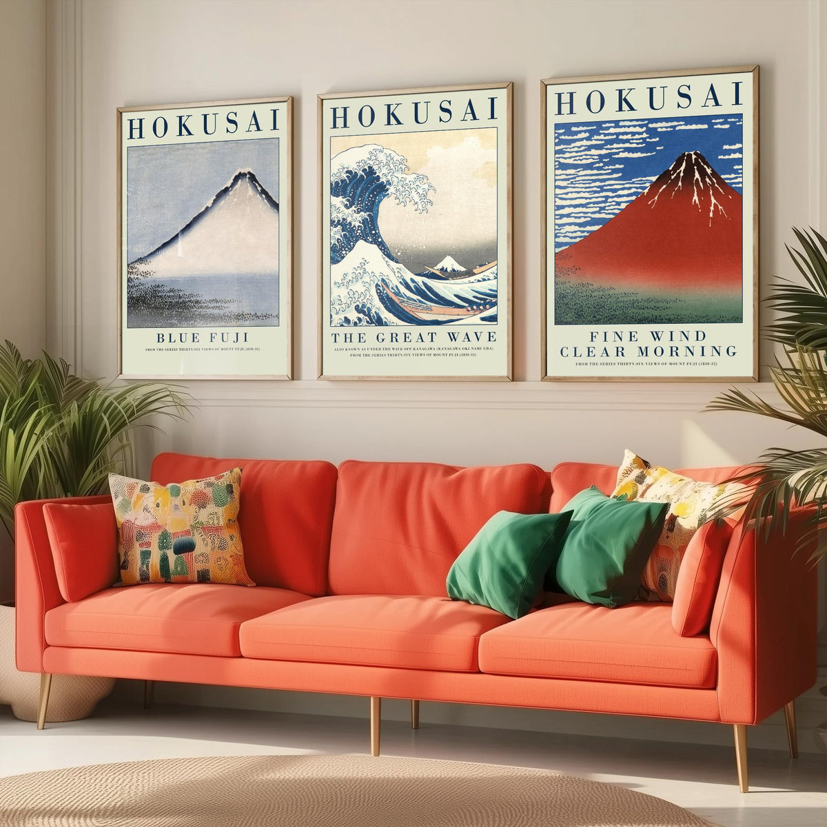 Katsushika Hokusai Mount Fuji Collection Set of Three Art Prints - Blue Fuji, The Great Wave, Red Fuji - Japanese Woodcut Poster