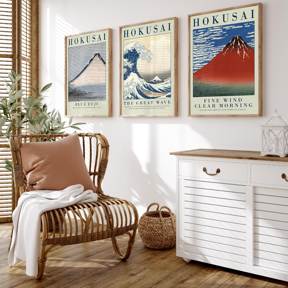 Katsushika Hokusai Mount Fuji Collection Set of Three Art Prints - Blue Fuji, The Great Wave, Red Fuji - Japanese Woodcut Poster