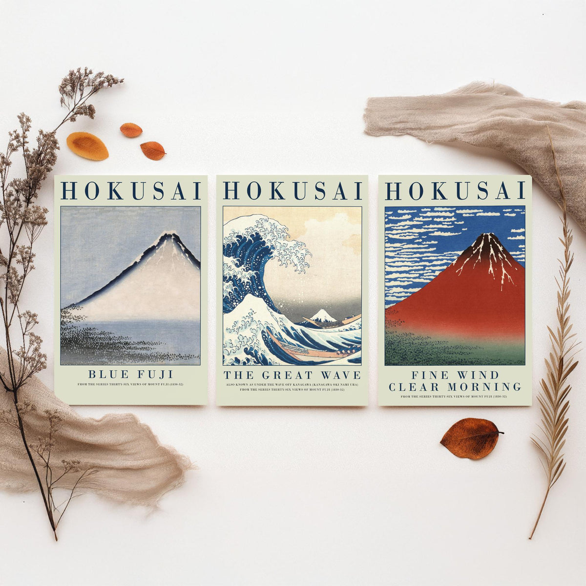 Katsushika Hokusai Mount Fuji Collection Set of Three Art Prints - Blue Fuji, The Great Wave, Red Fuji - Japanese Woodcut Poster