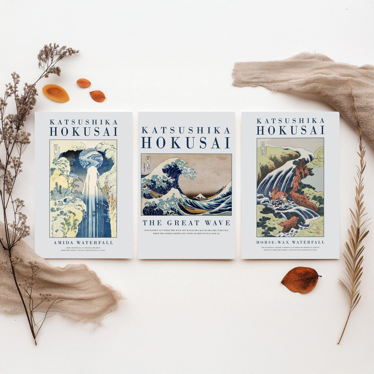 Hokusai Water Collection Set of Three Art Prints - Amida Waterfall, The Great Wave, Horse Washing Waterfall - Japanese Woodcut Poster