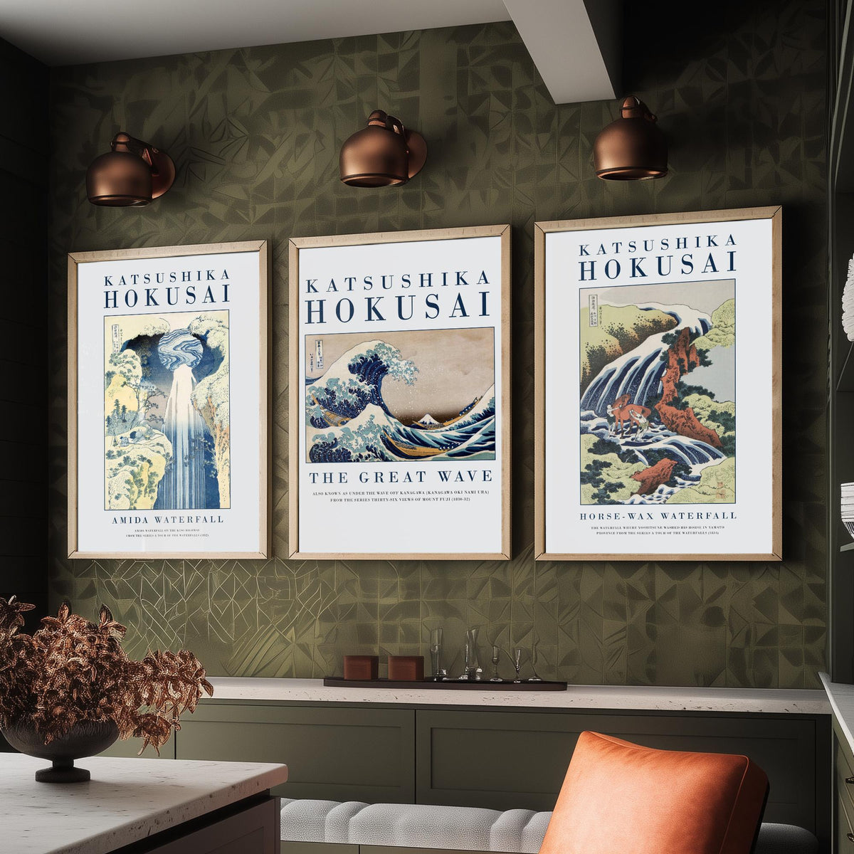 Hokusai Water Collection Set of Three Art Prints - Amida Waterfall, The Great Wave, Horse Washing Waterfall - Japanese Woodcut Poster