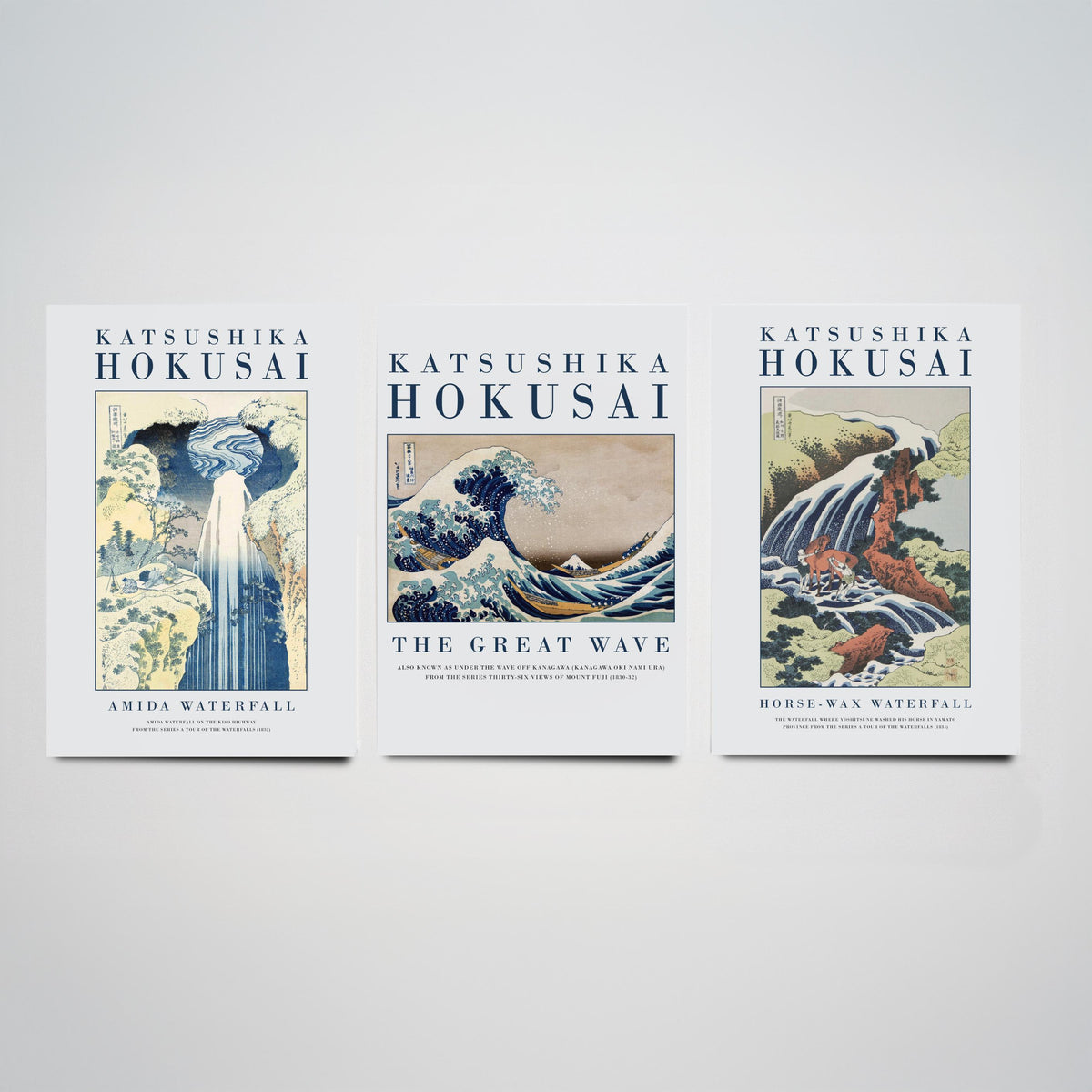 Hokusai Water Collection Set of Three Art Prints - Amida Waterfall, The Great Wave, Horse Washing Waterfall - Japanese Woodcut Poster