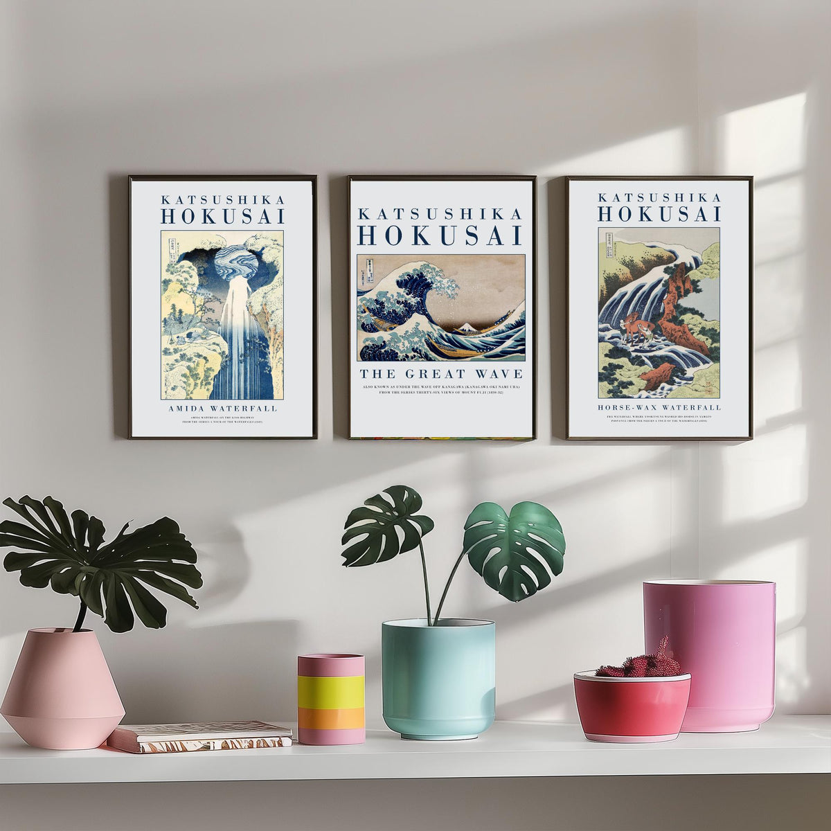 Hokusai Water Collection Set of Three Art Prints - Amida Waterfall, The Great Wave, Horse Washing Waterfall - Japanese Woodcut Poster