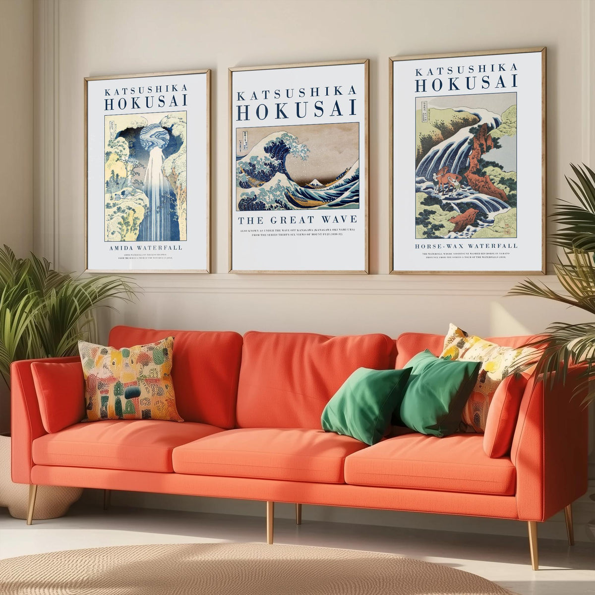 Hokusai Water Collection Set of Three Art Prints - Amida Waterfall, The Great Wave, Horse Washing Waterfall - Japanese Woodcut Poster