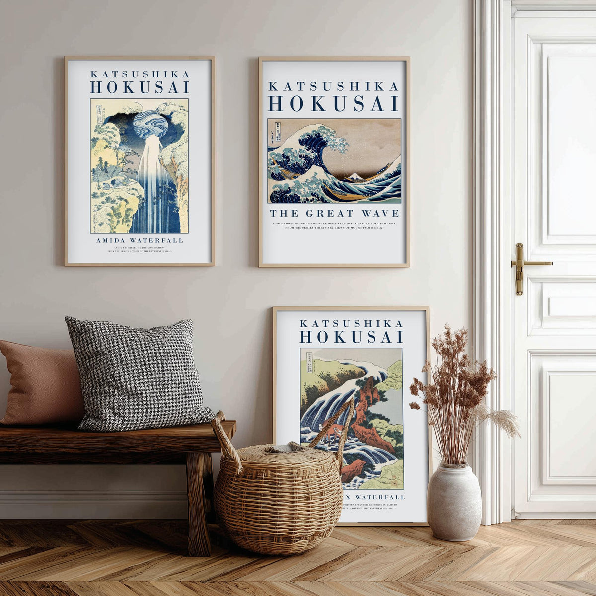 Hokusai Water Collection Set of Three Art Prints - Amida Waterfall, The Great Wave, Horse Washing Waterfall - Japanese Woodcut Poster