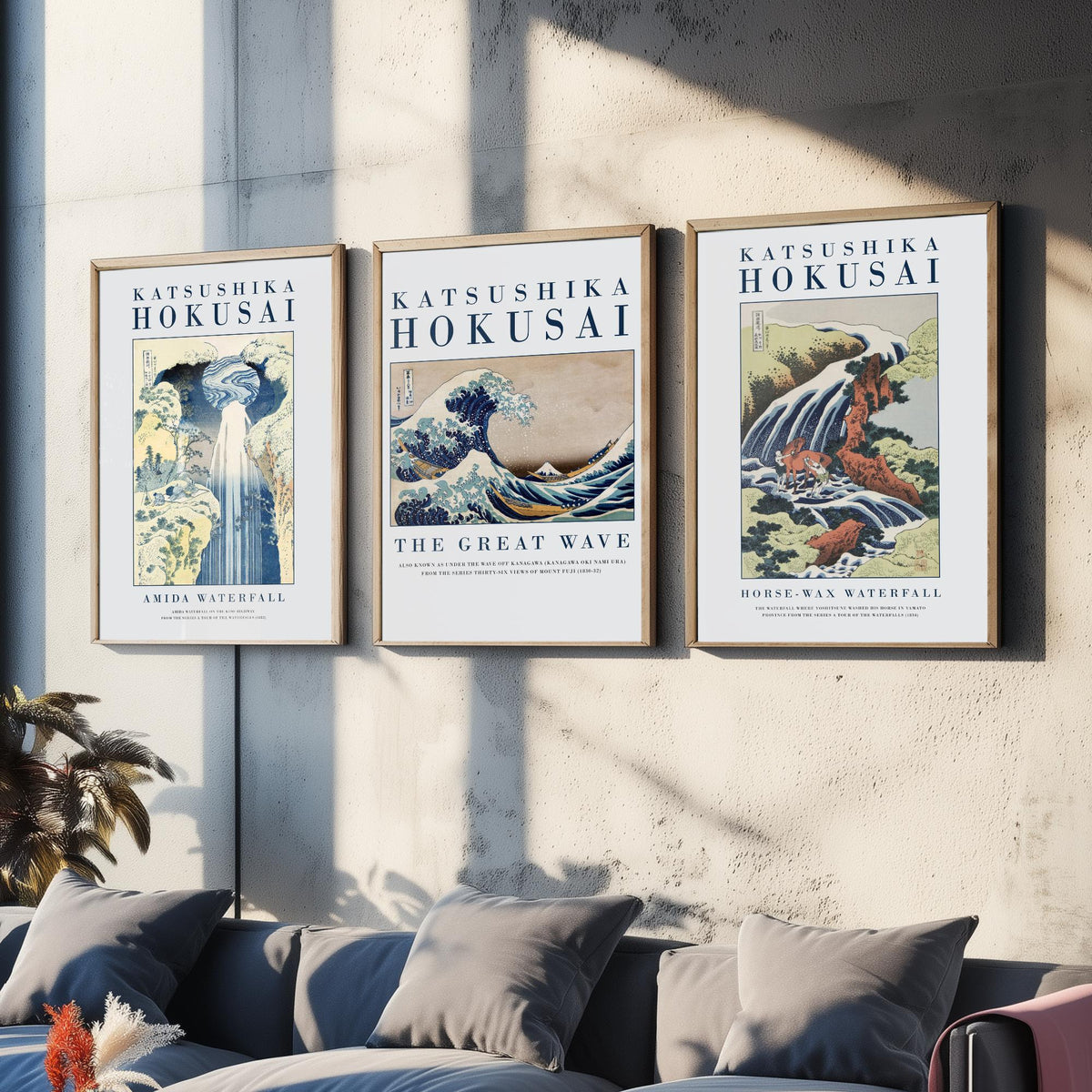 Hokusai Water Collection Set of Three Art Prints - Amida Waterfall, The Great Wave, Horse Washing Waterfall - Japanese Woodcut Poster