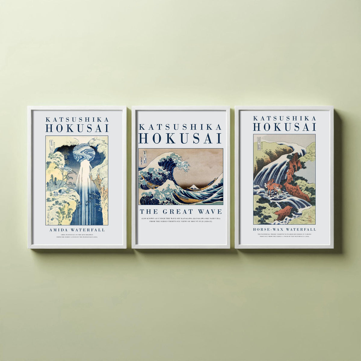 Hokusai Water Collection Set of Three Art Prints - Amida Waterfall, The Great Wave, Horse Washing Waterfall - Japanese Woodcut Poster