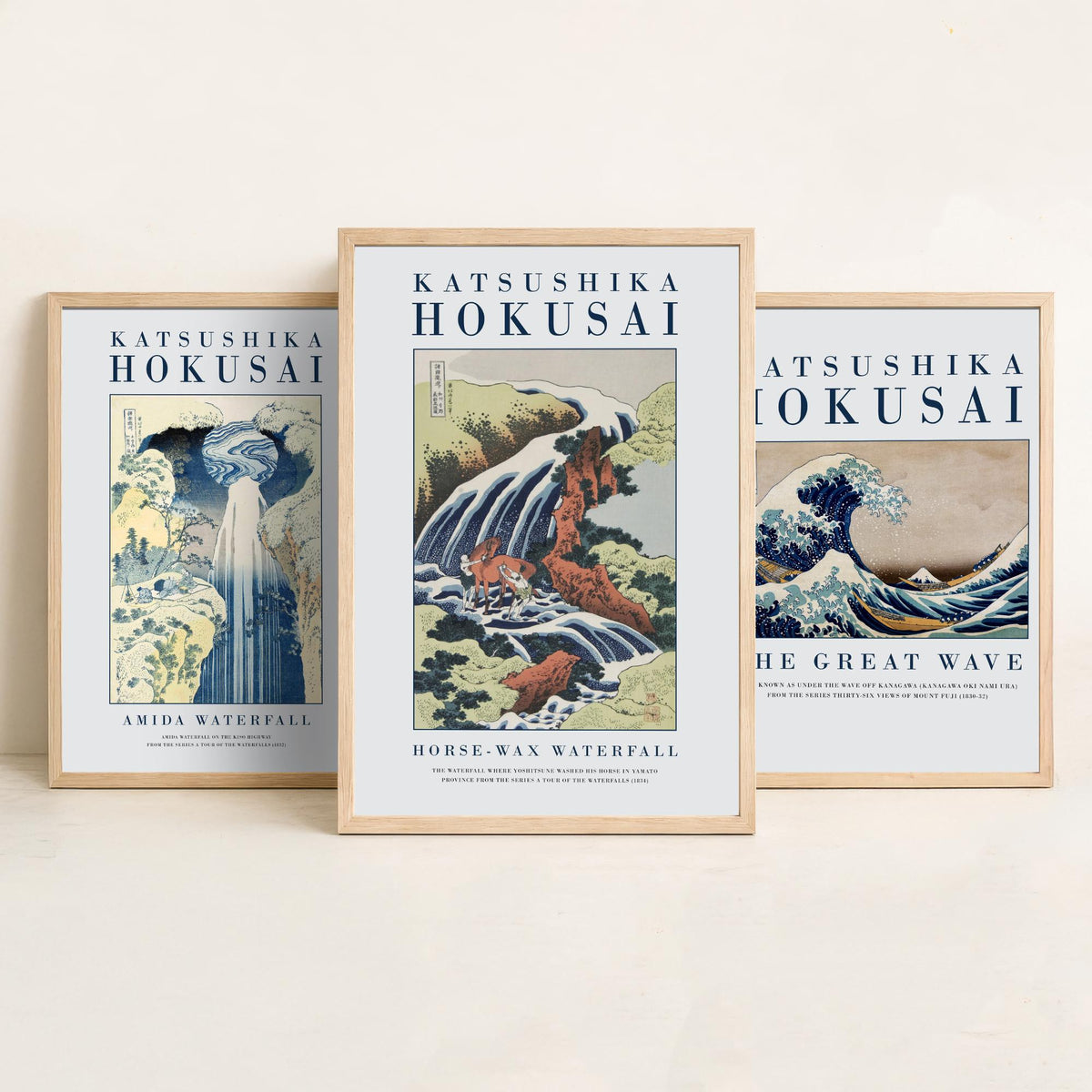 Hokusai Water Collection Set of Three Art Prints - Amida Waterfall, The Great Wave, Horse Washing Waterfall - Japanese Woodcut Poster