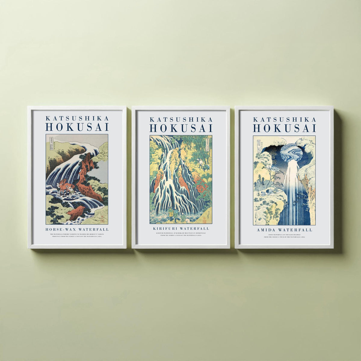 Hokusai Waterfall Collection Set of Three Art Prints - Horse Washing Falls, Kirifuri Waterfall, Amida Waterfall - Japanese Woodcut Poster