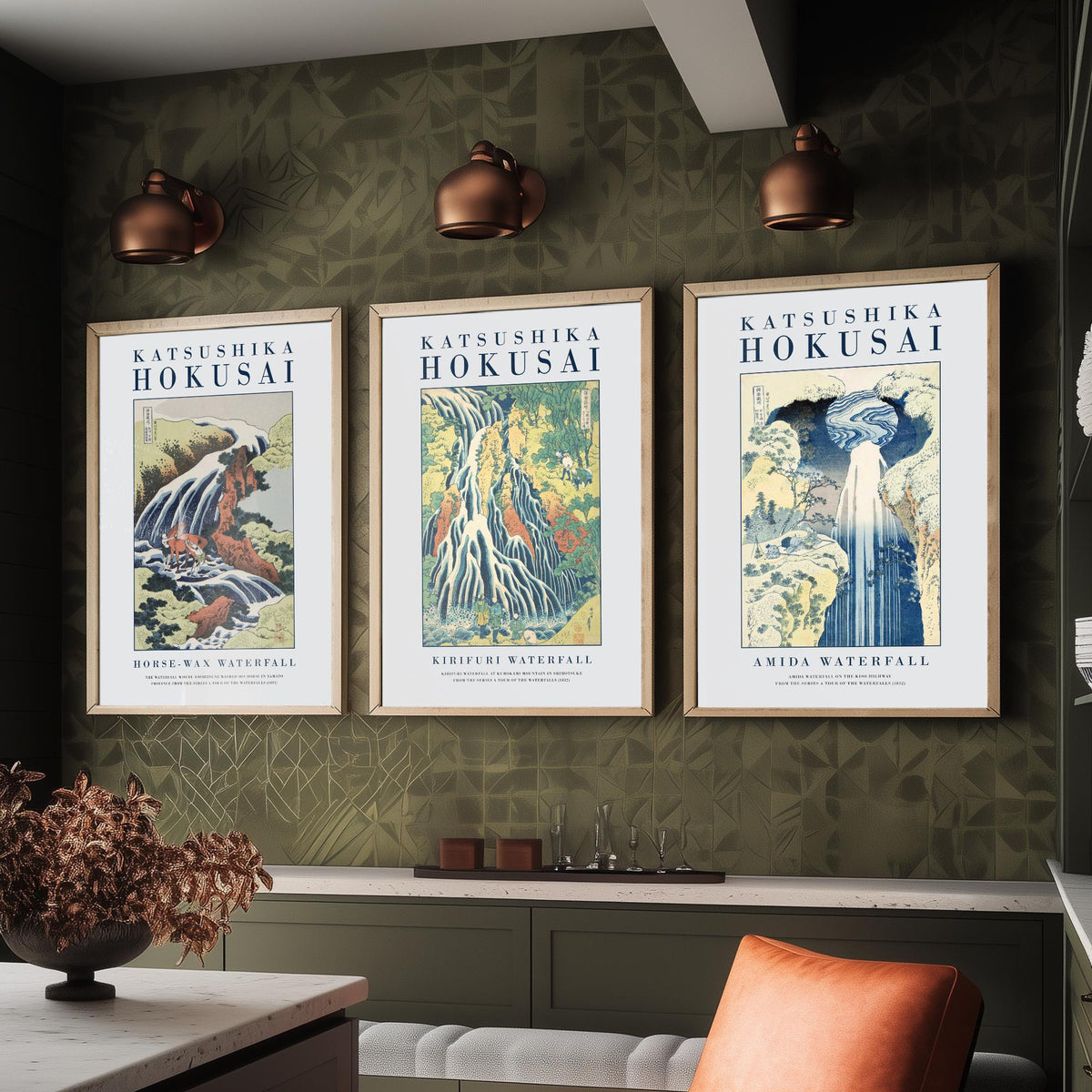 Hokusai Waterfall Collection Set of Three Art Prints - Horse Washing Falls, Kirifuri Waterfall, Amida Waterfall - Japanese Woodcut Poster