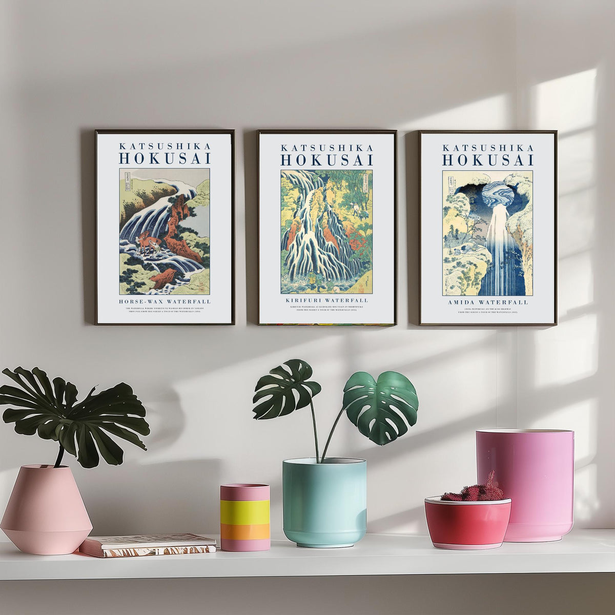 Hokusai Waterfall Collection Set of Three Art Prints - Horse Washing Falls, Kirifuri Waterfall, Amida Waterfall - Japanese Woodcut Poster