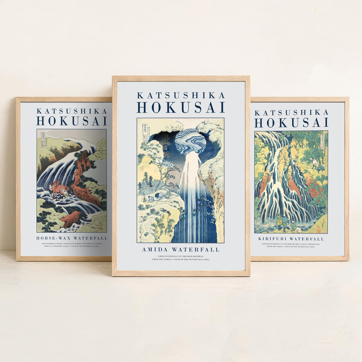 Hokusai Waterfall Collection Set of Three Art Prints - Horse Washing Falls, Kirifuri Waterfall, Amida Waterfall - Japanese Woodcut Poster