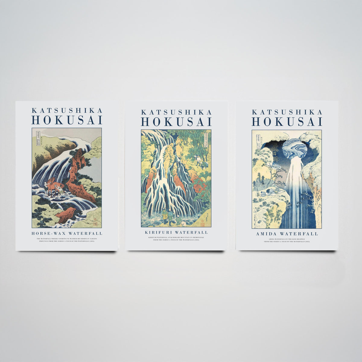 Hokusai Waterfall Collection Set of Three Art Prints - Horse Washing Falls, Kirifuri Waterfall, Amida Waterfall - Japanese Woodcut Poster