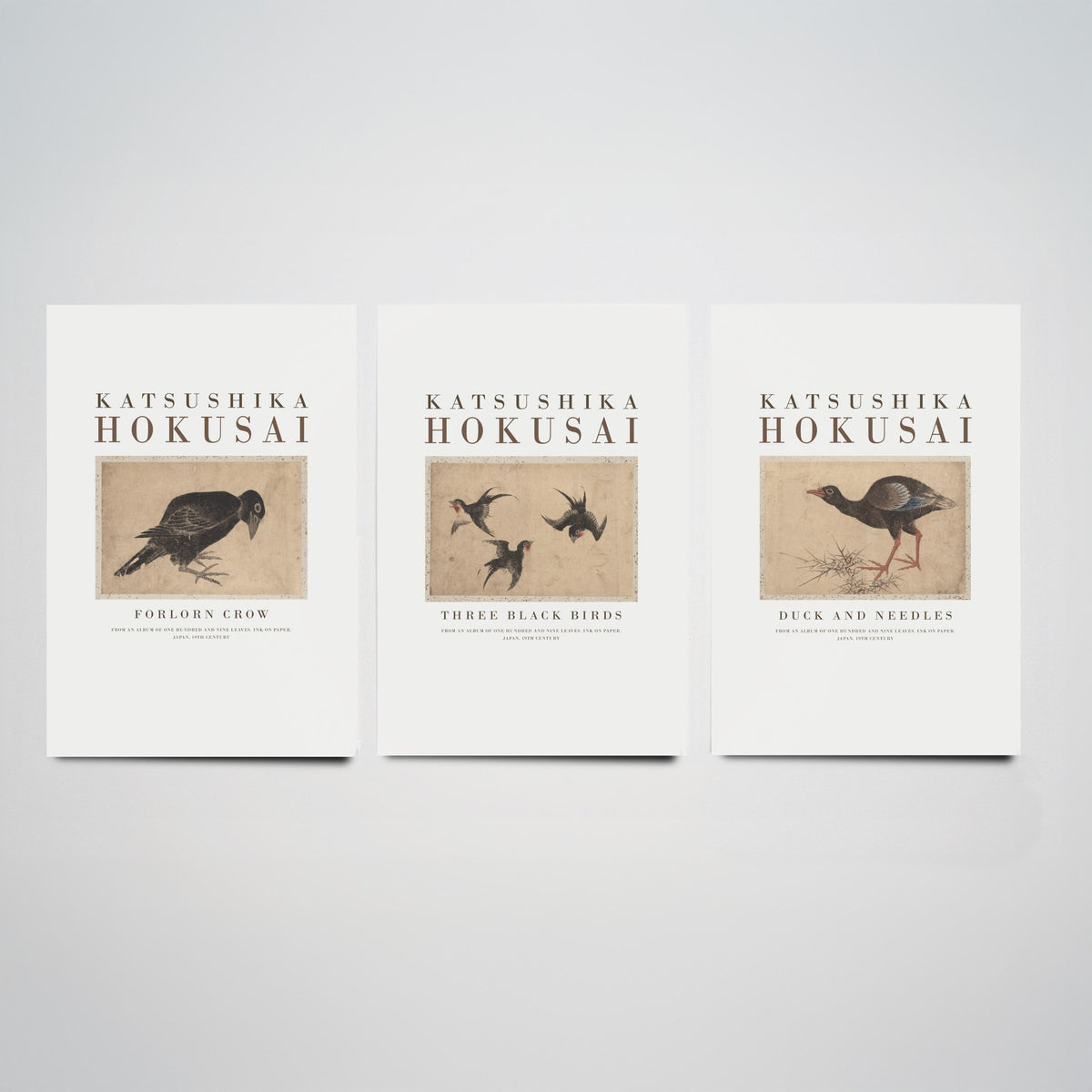 Hokusai Three Black Birds Set of Three Art Prints - Forlorn Crow, Three Black Birds, Duck and Needles - Japanese Ink Drawing Poster